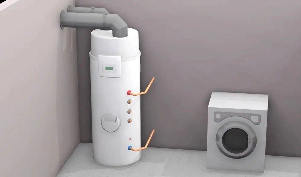 Schematische tekening van Remeha Azorra warmtepompboiler met water- en luchtleidingen